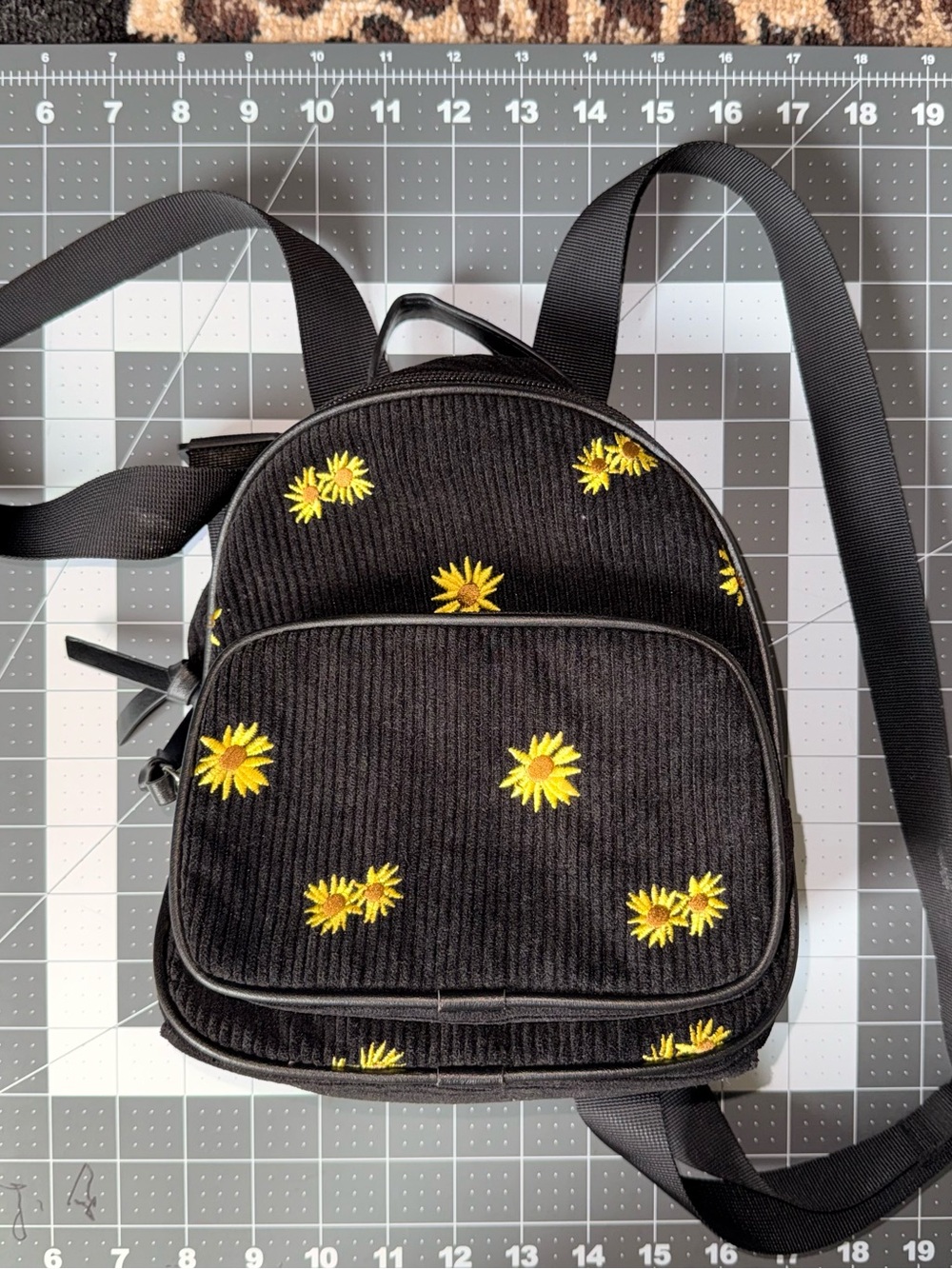 Black Mini Backpack with Yellow Daisy Embroidery